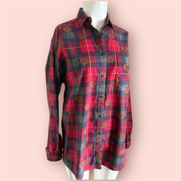 Vintage 80’s Plaid Star Floral Button Down Shirt Sz L - Picture 4 of 7